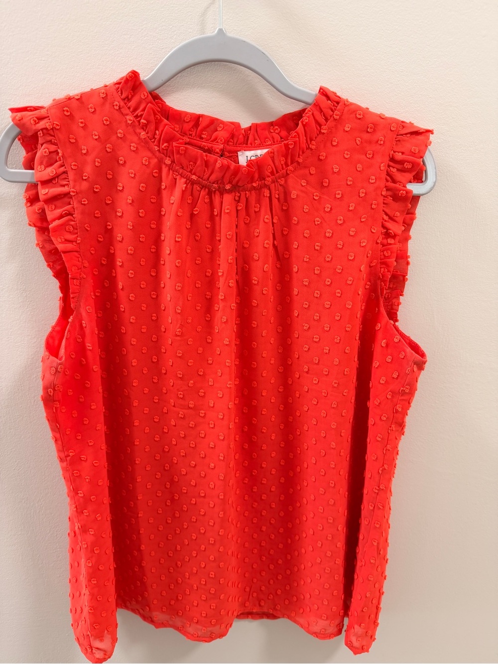 J. Crew Textured Swiss Dot Ruffle Neck Blouse in Coral